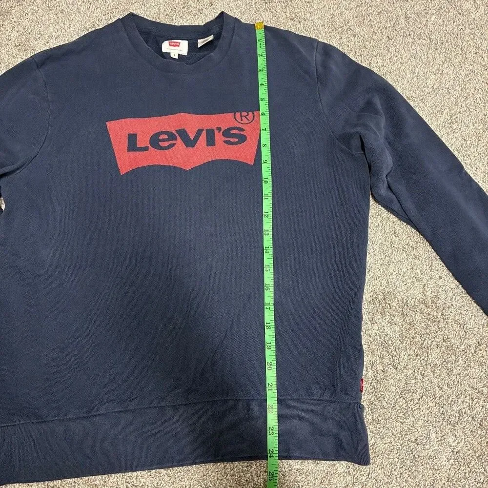 Levis Mens Small Navy Blue Batwing Logo Crew Neck Sweatshirt 100% Cotton Comfort